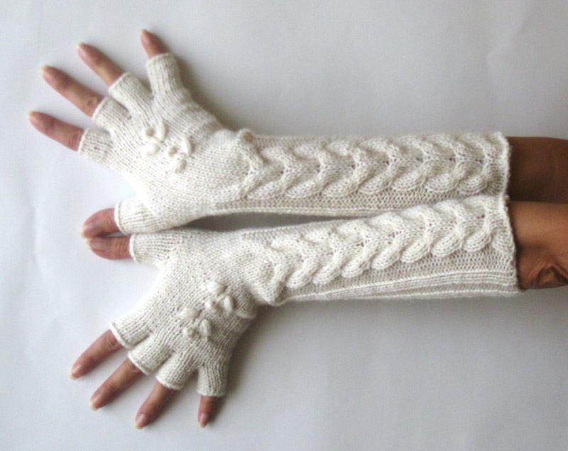 Knit Pattern for Long Cherry Flower Gloves with half fingers P0010